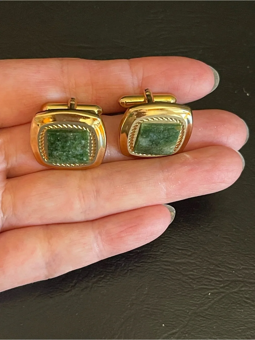SWANK Gold-Tone Cufflinks and Tie Tack with Green jade Stone Centers
